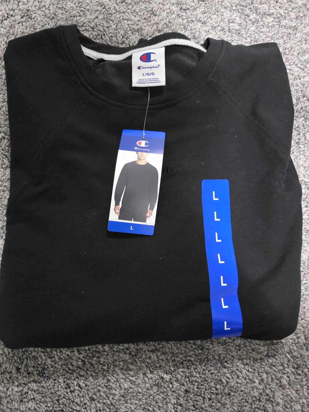 Champion Black Crewneck Sweatshirt with Blue Size Tag